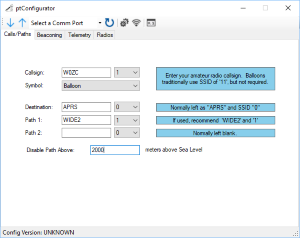ptConfigurator - Callsigns and paths screen.